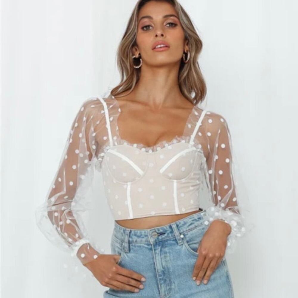 Runaway White Corset Crop Top White Polka Dot Sheer Sleeve Size M